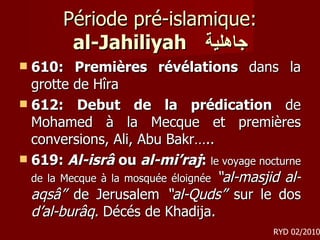 Période pré-islamique: al-Jahiliyah   جاهلية 610: Premières révélations  dans la grotte de Hîra 612: Debut de la prédication  de Mohamed à la Mecque et premières conversions, Ali, Abu Bakr….. 619:  Al-isrâ  ou  al-mi’raj :  le voyage nocturne de la Mecque à la mosquée éloignée   “al-masjid al-aqsâ”  de Jerusalem  “al-Quds”  sur le dos  d’al-burâq.  Décés de Khadija.  RYD 02/2010 