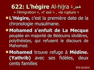 622: L’hégire  Al-hijra  هجرة  « l’émigration », «l’ exil » , «la rupture »  L’Hégire,  c’est la première date de la chronologie musulmane. Mohamed s’enfuit de La Mecque  peuplée en majorité de Bédouins idolâtres, polythéistes, qui refusent le discours de Mahomed.  Mohamed  trouve refuge à  Médine. (Yathrib)  avec ses fidèles, deux cents familles RYD 02/2010 