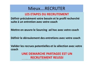 Mieux….RECRUTER
LES ETAPES DU RECRUTEMENT
Définir précisément votre besoin et le profil recherché
suite à un entretien avec votre coach
Mettre en œuvre le Sourcing ad hoc avec votre coach
Définir le déroulement des entretiens avec votre coach
Valider les recrues potentielles et la sélection avec votre
coach
UNE DEMARCHE PARTAGEE EST UN
RECRUTEMENT REUSSIJoël DUMUR www.piloteconsultingetcoaching.com
 