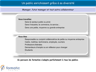 Un public enrichissant grâce à sa diversité

     Manager, futur manager et tout autre collaborateur



 Vous travaillez
        Dans le secteur public ou privé
        Dans l’industrie, le commerce, le service…
        Dans une petite, moyenne ou grande entreprise



 Vous êtes
        Responsable ou conjoint collaboratrice de petite ou moyenne entreprise
        Cadre, maîtrise, techniciens, employés, ouvriers
        Professions libérales
        Demandeurs d’emploi ou en réflexion pour changer
        Etudiants
        …


Ce parcours de formation s’adapte parfaitement à tous les publics
 
