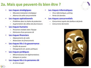2a. Mais que peuvent-ils bien être ? 
• Les risques stratégiques 
– Mauvaise évaluation stratégique 
– Absence de veille concurrentielle 
• Les risques opérationnels 
– Problèmes dans la chaîne de production 
– Augmentation des délais des fournisseurs 
• Les risques humains 
– Personnes malades dans l’équipe 
– Démission d’une personne clé 
• Les risques financiers 
– Dépassements de coûts 
– Retard dans les financements 
• Les risques liés à la gouvernance 
– Conflits de pouvoir 
– Changements de postes politiques 
• Les risques juridiques 
– Méconnaissance de règlementations 
– Attaques en justice 
• Les risques liés à la personne clé 
– Je m’en occupe! 
• Les risques informatiques 
– Virus informatiques, pishing 
– Pertes de données 
• Les risques concurrentiels 
– Concurrence auprès des bailleurs de fonds 
– Concurrence dormante 
 