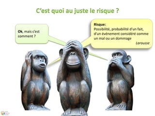C’est quoi au juste le risque ? 
Ok, mais c’est 
comment ? 
Risque: 
Possibilité, probabilité d'un fait, 
d'un événement considéré comme 
un mal ou un dommage 
Larousse 
 