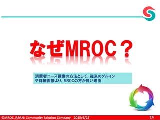 ©MROC JAPAN: Community Solution Company 142015/6/25
消費者ニーズ探索の方法として、従来のグルイン
や詳細面接より、MROCの方が良い理由
 