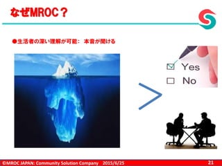 ©MROC JAPAN: Community Solution Company 212015/6/25
なぜMROC？
●生活者の深い理解が可能： 本音が聞ける
 