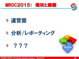 ©MROC JAPAN: Community Solution Company 352015/6/25
MROC２０１５： 現状と課題
運営面
分析/レポーティング
？？？
 