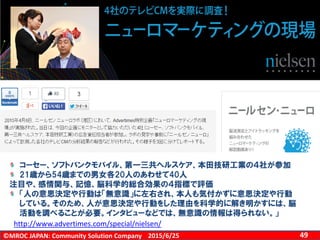 ©MROC JAPAN: Community Solution Company 492015/6/25
コーセー、ソフトバンクモバイル、第一三共ヘルスケア、本田技研工業の４社が参加
21歳から54歳までの男女各20人のあわせて40人
注目や、感情関与、記憶、脳科学的総合効果の４指標で評価
「人の意思決定や行動は「無意識」に左右され、本人も気付かずに意思決定や行動
している。そのため、人が意思決定や行動をした理由を科学的に解き明かすには、脳
活動を調べることが必要。インタビューなどでは、無意識の情報は得られない。」
http://www.advertimes.com/special/nielsen/
 