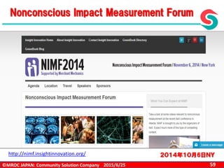©MROC JAPAN: Community Solution Company 592015/6/25
http://nimf.insightinnovation.org/
Nonconscious Impact Measurement Forum
２０１４年１０月6日ＮＹ
 