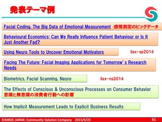 ©MROC JAPAN: Community Solution Company 612015/6/25
発表テーマ例
Facial Coding, The Big Data of Emotional Measurement 感情測定のビッグデータ
Behavioural Economics: Can We Really Influence Patient Behaviour or Is It
Just Another Fad?
Using Neuro Tools to Uncover Emotional Motivators
Facing The Future: Facial Imaging Applications for Tomorrow’s Research
Needs
Biometrics, Facial Scanning, Neuro
The Effects of Conscious & Unconscious Processes on Consumer Behavior
意識と無意識の消費者行動への影響
How Implicit Measurement Leads to Explicit Business Results
Iiex-ap2014
Iiex-na2014
 