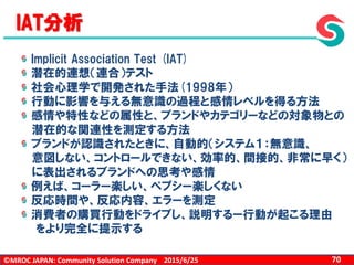 ©MROC JAPAN: Community Solution Company 702015/6/25
IAT分析
Implicit Association Test (IAT)
潜在的連想（連合）テスト
社会心理学で開発された手法(1998年）
行動に影響を与える無意識の過程と感情レベルを得る方法
感情や特性などの属性と、ブランドやカテゴリーなどの対象物との
潜在的な関連性を測定する方法
ブランドが認識されたときに、自動的（システム１：無意識、
意図しない、コントロールできない、効率的、間接的、非常に早く）
に表出されるブランドへの思考や感情
例えば、コーラー楽しい、ペプシー楽しくない
反応時間や、反応内容、エラーを測定
消費者の購買行動をドライブし、説明するー行動が起こる理由
をより完全に提示する
 