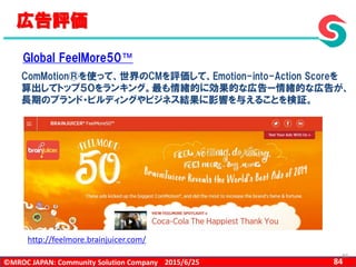 ©MROC JAPAN: Community Solution Company 842015/6/25
84
広告評価
Global FeelMore50™
ComMotion®を使って、世界のCMを評価して、Emotion-into-Action Scoreを
算出してトップ５０をランキング。最も情緒的に効果的な広告ー情緒的な広告が、
長期のブランド・ビルディングやビジネス結果に影響を与えることを検証。
http://feelmore.brainjuicer.com/
 