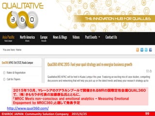 ©MROC JAPAN: Community Solution Company 992015/6/25
http://www.qual360.com/
２０１５年１０月、マレーシアのクアラルンプールで開催されるＭＲの国際定性会議ＱＵＡL３６０
で、(株)きもちラボ代表の加藤康弘氏とともに、
「MROC Meets non-conscious and emotional analytics – Measuring Emotional
Engagement by MROC360」と題して発表予定
 