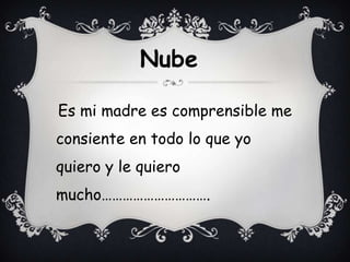 Nube

Es mi madre es comprensible me
consiente en todo lo que yo
quiero y le quiero
mucho………………………….
 
