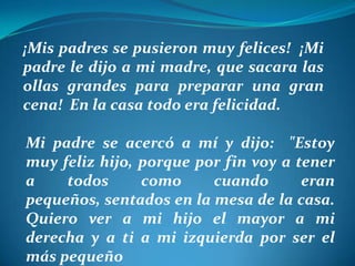 ¡Mis padres se pusieron muy felices! ¡Mi
padre le dijo a mi madre, que sacara las
ollas grandes para preparar una gran
cena! En la casa todo era felicidad.
Mi padre se acercó a mí y dijo: "Estoy
muy feliz hijo, porque por fin voy a tener
a
todos
como
cuando
eran
pequeños, sentados en la mesa de la casa.
Quiero ver a mi hijo el mayor a mi
derecha y a ti a mi izquierda por ser el
más pequeño

 