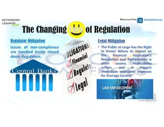 Mohammad Fheili ⌂⌂⌂   fheilim@jtbbank.com
Legal Obligation
• The Public at Large has the Right
to Know! Where its impact on
the Financial Institution’s
Reputation and Performance is
often severe. Profitability
suffers, and it triggers
immediate additional expenses
for Damage Control.
Regulator Obligation
Issues of non‐compliance
are handled inside closed
doors Regulators.
The Changing Face of Regulation
 