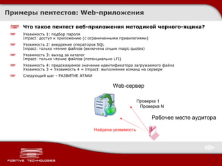 Примеры пентестов : Web- приложения Что такое пентест веб-приложения методикой черного-ящика ? Web- сервер Рабочее место аудитора Проверка 1 Проверка  N Найдена уязвимость Уязвимость 1: подбор пароля Impact: доступ к приложению (с ограниченными привилегиями) Уязвимость 2: внедрение операторов SQL Impact: только чтение файлов (включена опция magic quotes) Уязвимость 3: выход за каталог Impact: только чтение файлов (потенциально LFI) Уязвимость 4: предсказуемое значение идентификатора загружаемого файла Уязвимость 3 + Уязвимость 4 = Impact: выполнение команд на сервере Следующий шаг - РАЗВИТИЕ АТАКИ 