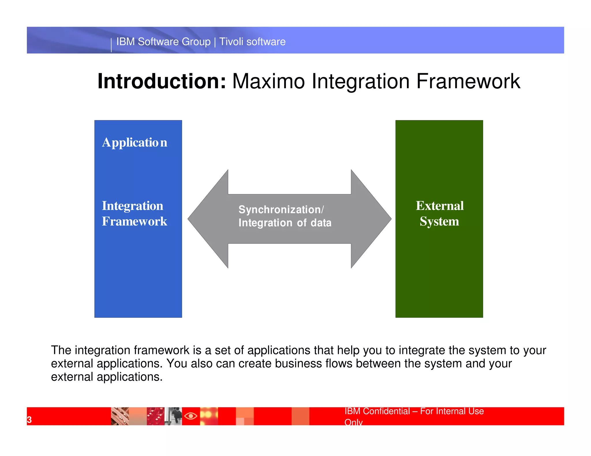 IBM Software Group | Tivoli software



             Introduction: Maximo Integration Framework

             Applicatio n



             Integration                 Synchronization/                       External
             Framework                   Integration of data                    System
                  IBM Software Group | Lotus software




    The integration framework is a set of applications that help you to integrate the system to your
    external applications. You also can create business flows between the system and your
    external applications.

                                                               IBM Confidential – For Internal Use
3                                                              Only
 