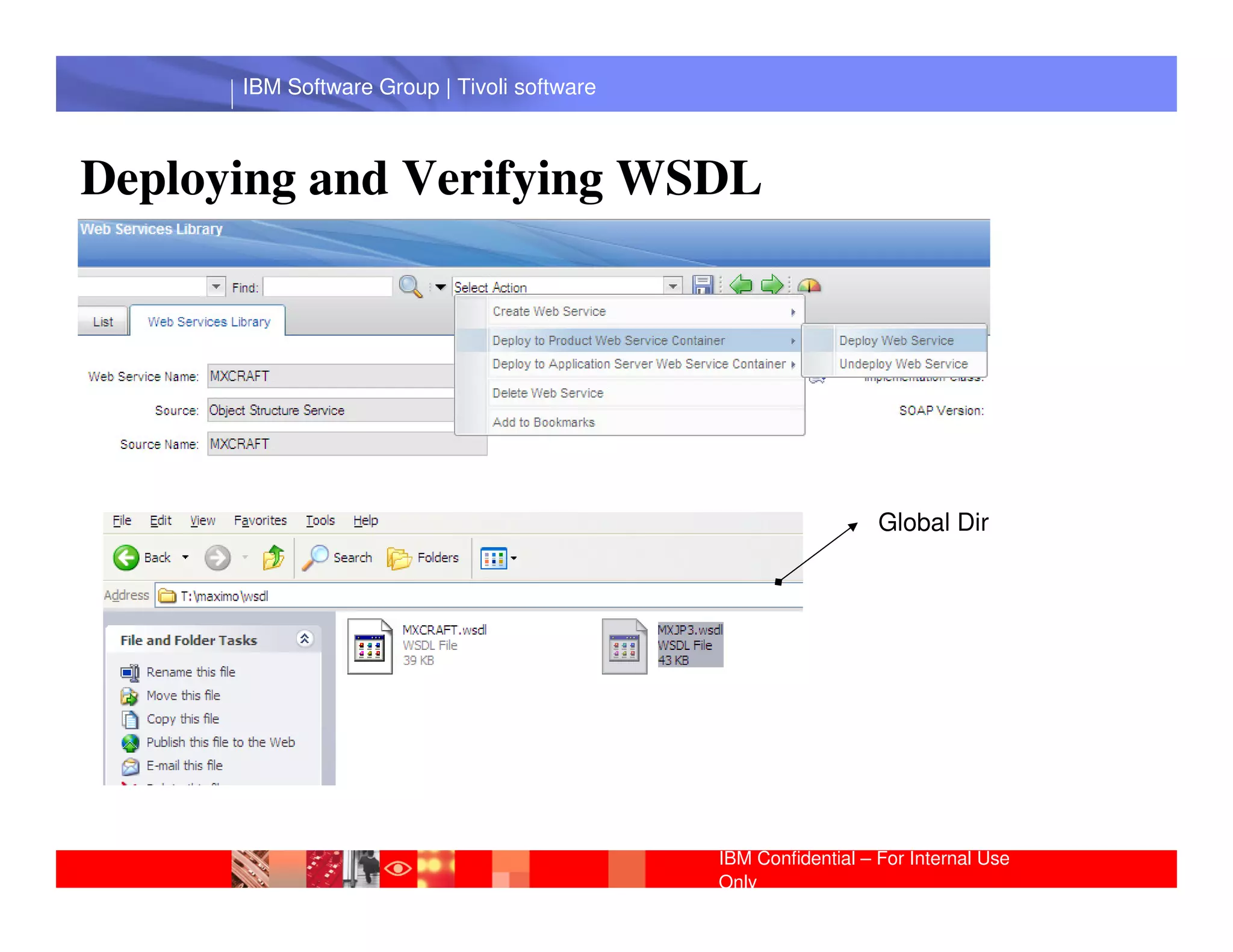 IBM Software Group | Tivoli software



Deploying and Verifying WSDL




       IBM Software Group | Lotus software
                                                                Global Dir




                                             IBM Confidential – For Internal Use
                                             Only
 
