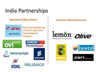  India PartnershipsOperators/App StoresHandset ManufacturersMost downloaded app on Airtel’s App Store Social Network Category