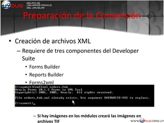 Preparación de la Conversión
• Creación de archivos XML
– Requiere de tres componentes del Developer
Suite
• Forms Builder
• Reports Builder
• Forms2xml
– frmf2xml [option] file [file]
– Si hay imágenes en los módulos creará las imágenes en
archivos TIF
 