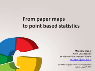 From paper maps
to point based statistics
Mirosław Migacz
Chief GIS Specialist
Central Statistical Office of Poland
m.migacz@stat.gov.pl
INSPIRE Geospatial World Forum Conference
Lisbon, May 27th 2015
 