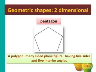 Geometric shapes: 2 dimensional
                    pentagon




A polygon many sided plane figure having five sides
            and five interior angles
 