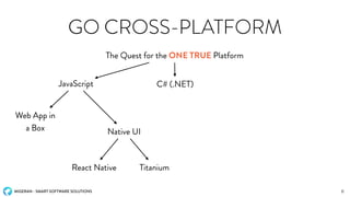 MIGERAN - SMART SOFTWARE SOLUTIONS
GO CROSS-PLATFORM
The Quest for the ONE TRUE Platform
6
JavaScript C# (.NET)
Web App in
a Box Native UI
React Native Titanium
 