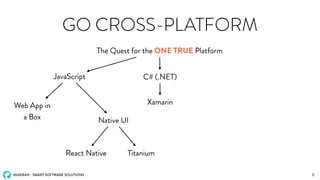 MIGERAN - SMART SOFTWARE SOLUTIONS
GO CROSS-PLATFORM
The Quest for the ONE TRUE Platform
6
JavaScript C# (.NET)
Web App in
a Box Native UI
Xamarin
React Native Titanium
 