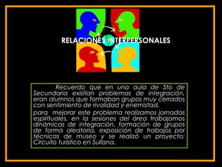 RELACIONES INTERPERSONALES




        Recuerdo que en una aula de 5to de
Secundaria existían problemas de integración,
eran alumnos que formaban grupos muy cerrados
con sentimiento de rivalidad y enemistad.
para mejorar este problema realizamos jornadas
espirituales, en la sesiones del área trabajamos
dinámicas de integración, formación de grupos
de forma aleatoria, exposición de trabajos por
técnicas de museo y se realizó un proyecto:
Circuito turístico en Sullana.
 