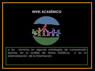 NIVEL ACADÉMICO




a los alumnos en algunas estrategias de comprensión
lectora, en el análisis de textos históricos y en la
sistematización de la información.
 