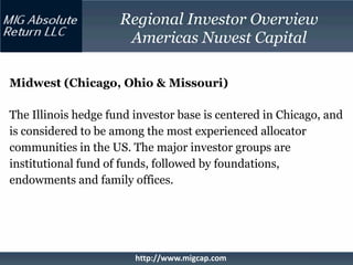 Regional Investor Overview
                      Americas Nuvest Capital

Midwest (Chicago, Ohio & Missouri)

The Illinois hedge fund investor base is centered in Chicago, and
is considered to be among the most experienced allocator
communities in the US. The major investor groups are
institutional fund of funds, followed by foundations,
endowments and family offices.




                        http://www.migcap.com
 