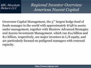 Regional Investor Overview
                      Americas Nuvest Capital

Grosvenor Capital Management, the 5'” largest hedge fund of
funds manager in the world with approximately $758 in assets
under management, together with Mesirow Advanced Strategies
and Aurora Investment Management. which run $14 billion and
$11 billion, respectively, are major investors in L/S equity, and
are particularly focused on pedigreed managers with renewed
capacity.




                        http://www.migcap.com
 