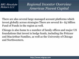 Regional Investor Overview
                       Americas Nuvest Capital

There are also several large managed account platforms which
invest globally across strategies There are several $1- $5 billion
Fund of Funds in the region as well.
Chicago is also home to a number of family offices and major US
foundations that invest in hedge funds, including the Prttzxer
and MacArthur Families, as well as the University of Chicago
and Northwestern.




                         http://www.migcap.com
 