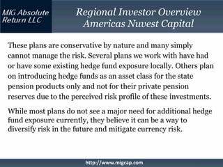 Regional Investor Overview
                      Americas Nuvest Capital

These plans are conservative by nature and many simply
cannot manage the risk. Several plans we work with have had
or have some existing hedge fund exposure locally. Others plan
on introducing hedge funds as an asset class for the state
pension products only and not for their private pension
reserves due to the perceived risk profile of these investments.
While most plans do not see a major need for additional hedge
fund exposure currently, they believe it can be a way to
diversify risk in the future and mitigate currency risk.



                        http://www.migcap.com
 