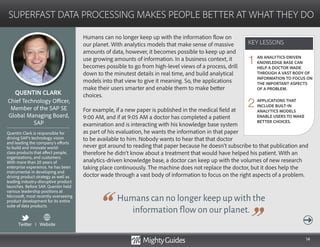14
Humans can no longer keep up with the information flow on
our planet. With analytics models that make sense of massive
amounts of data, however, it becomes possible to keep up and
use growing amounts of information. In a business context, it
becomes possible to go from high-level views of a process, drill
down to the minutest details in real time, and build analytical
models into that view to give it meaning. So, the applications
make their users smarter and enable them to make better
choices.
For example, if a new paper is published in the medical field at
9:00 AM, and if at 9:05 AM a doctor has completed a patient
examination and is interacting with his knowledge base system
as part of his evaluation, he wants the information in that paper
to be available to him. Nobody wants to hear that that doctor
Humans can no longer keep up with the
information flow on our planet.
never got around to reading that paper because he doesn’t subscribe to that publication and
therefore he didn’t know about a treatment that would have helped his patient. With an
analytics-driven knowledge base, a doctor can keep up with the volumes of new research
taking place continuously. The machine does not replace the doctor, but it does help the
doctor wade through a vast body of information to focus on the right aspects of a problem.
KEY LESSONS
SUPERFAST DATA PROCESSING MAKES PEOPLE BETTER AT WHAT THEY DO
KEY LESSONS
QUENTIN CLARK
Quentin Clark is responsible for
driving SAP’s technology vision
and leading the company’s efforts
to build and innovate world-
class products that affect people,
organizations, and customers.
With more than 20 years of
enterprise experience, he has been
instrumental in developing and
driving product strategy as well as
leading industry-disruptive product
launches. Before SAP, Quentin held
various leadership positions at
Microsoft, most recently overseeing
product development for its entire
suite of data products.
Chief Technology Officer,
Member of the SAP SE
Global Managing Board,
SAP
AN ANALYTICS-DRIVEN
KNOWLEDGE BASE CAN
HELP A DOCTOR WADE
THROUGH A VAST BODY OF
INFORMATION TO FOCUS ON
THE IMPORTANT ASPECTS
OF A PROBLEM.
APPLICATIONS THAT
INCLUDE BUILT-IN
ANALYTICS MODELS
ENABLE USERS TO MAKE
BETTER CHOICES.
1
2
Twitter I Website
 