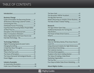 2
Introduction................................................................3
Business Change
Cycles of Innovation Are Becoming Shorter................6
All Business Is Becoming Customer Centric.................8
Connecting the Dots..........................................................................10
Distributed Human Processing...............................................12
Superfast Data Processing Makes People Better
at What They Do....................................................................................14
Disruption is Part of Advancement.....................................16
Data: A Compulsory Obsession.............................................18
Many Organizations Aren’t Sure How to Use
Fast Data Technology - Yet..........................................................20
Technology Platforms
Higher Processing Speed at Lower Cost is
Changing Everything.........................................................................23
A Data River Runs Through It...................................................25
Big Data Wins...........................................................................................27
There Is No Free Lunch...................................................................29
The Doors of Perception................................................................31
The Future Demands Technological Muscle.............33
Dream Bigger............................................................................................35
Industry Examples
An Automotive Revolution............................................................38
Public Uses of Private Data.............................................................40
TABLE OF CONTENTS
The New Gold.............................................................................................42
The Revolution Will Be Visualized..........................................44
The Big-Data Hammer........................................................................46
Retail Is Becoming an Analytics Driven Business.....48
The Role of Data in Global Trading.........................................50
Research
The Age of More Open Data........................................................53
Traditional Businesses Are Turning into
Data Brokers................................................................................................55
The Power of Data Driven Science........................................57
What-If...............................................................................................................59
Marketing
Data Can Tell Many Stories, If You Know How to
Look At It.........................................................................................................62
Using Advanced Analytics for High-Performance
Internet Brand Advertising............................................................64
The Customer Journey......................................................................66
The End of Demographics............................................................68
Analytics Is the Key to Getting Started..............................70
The Value of Creating a Data-Driven
Marketing Organization..................................................................72
The Four Ms...............................................................................................74
Four Steps to Better Data-Driven Marketing.............76
About Mighty Guides.............................................78
 