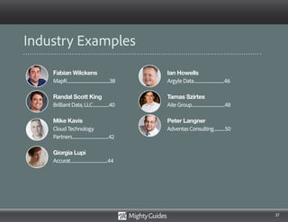 37
Fabian Wilckens
MapR..................................................38
Randal Scott King
Brilliant Data, LLC...................40
Mike Kavis
Cloud Technology
Partners...........................................42
Giorgia Lupi
Accurat............................................44
Ian Howells
Argyle Data....................................46
Tamas Szirtes
SOA People Nederland......48
Peter Langner
Adventas Consulting.............50
Industry Examples
 