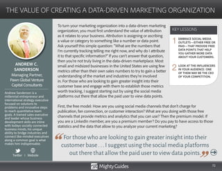 72
To turn your marketing organization into a data-driven marketing
organization, you must first understand the value of attribution
as it relates to your business. Attribution is assigning or ascribing
a value or category to something like a number or data point.
Ask yourself this simple question: “What are the numbers that
I’m currently tracking telling me right now, and why do I attribute
it to that specific information?” If you can’t answer that question,
then you’re not truly living in the data-driven marketplace. Most
small and midsized businesses in the United States are using few
metrics other than their own sales numbers to try to gain a better
understanding of the market and industries they’re involved
in. For those who are looking to gain greater insight into their
customer base and engage with them to establish those metrics
worth tracking, I suggest starting out by using the social media
For those who are looking to gain greater insight into their
customer base...I suggest using the social media platforms
out there that allow the paid user to view data points.
platforms out there that allow the paid user to view data points.
First, the free model: How are you using social media channels that don’t charge for
publication, fan connection, or customer interaction? What are you doing with those free
channels that provide metrics and analytics that you can use? Then the premium model: If
you are a LinkedIn member, are you a premium member? Do you pay to have access to those
statistics and the data that allow to you analyze your current marketing?
KEY LESSONS
THE VALUE OF CREATING A DATA-DRIVEN MARKETING ORGANIZATION
KEY LESSONS
ANDREW C.
SANDERSON
Andrew Sanderson is a
millennial entrepreneur and
international strategy executive
focused on solutions to
problems and innovative steps
to reach quantitative team
goals. A trained sales executive
and leader whose business
development skills are inline
with todays socially connected
business minds, his unique
ability to bridge industries and
connect like-minded executives
along a common goal is what
makes him indispensable.
Managing Partner,
Pawn Global Venture
Capital Consultants
EMBRACE SOCIAL MEDIA
OUTLETS—EITHER FREE OR
PAID—THAT PROVIDE FREE
DATA POINTS THAT HELP
YOU GATHER MORE DATA
ABOUT YOUR CUSTOMERS.
LOOK AT THE INFLUENCERS
IN YOUR AUDIENCE: ONE
OF THEM MAY BE THE CEO
OF YOUR COMPETITION.
1
2
Twitter I Website
 