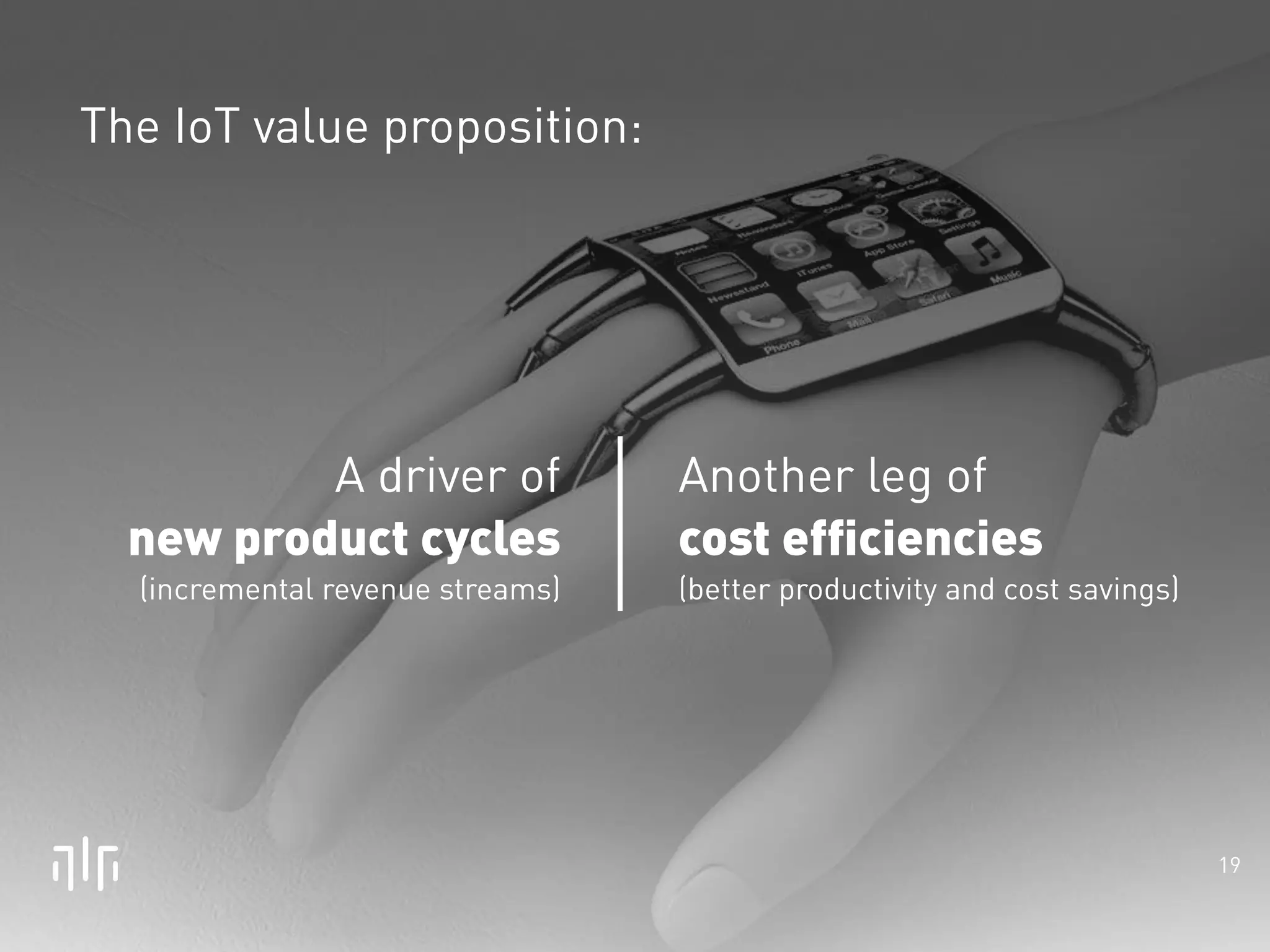 The IoT value proposition: 
A driver of 
new product cycles 
(incremental revenue streams) 
Another leg of 
cost efficiencies 
(better productivity and cost savings) 
19 
 