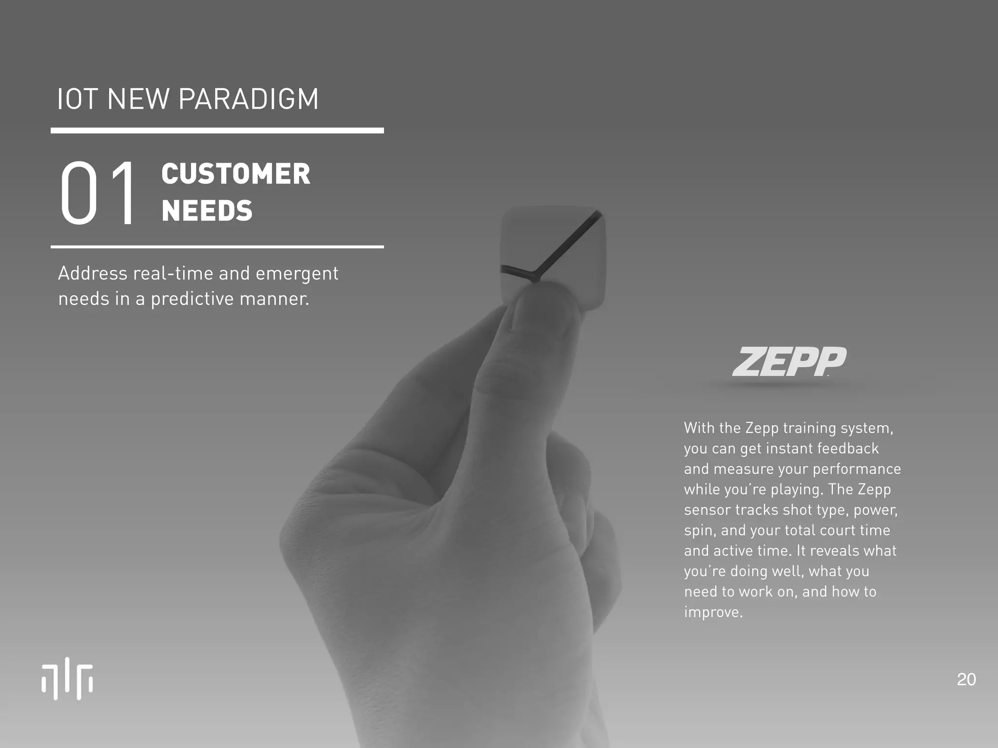 20 
With the Zepp training system, 
you can get instant feedback 
and measure your performance 
while you’re playing. The Zepp 
sensor tracks shot type, power, 
spin, and your total court time 
and active time. It reveals what 
you’re doing well, what you 
need to work on, and how to 
improve. 
IOT NEW PARADIGM 
CUSTOMER 
NEEDS 01 
Address real-time and emergent 
needs in a predictive manner. 
 