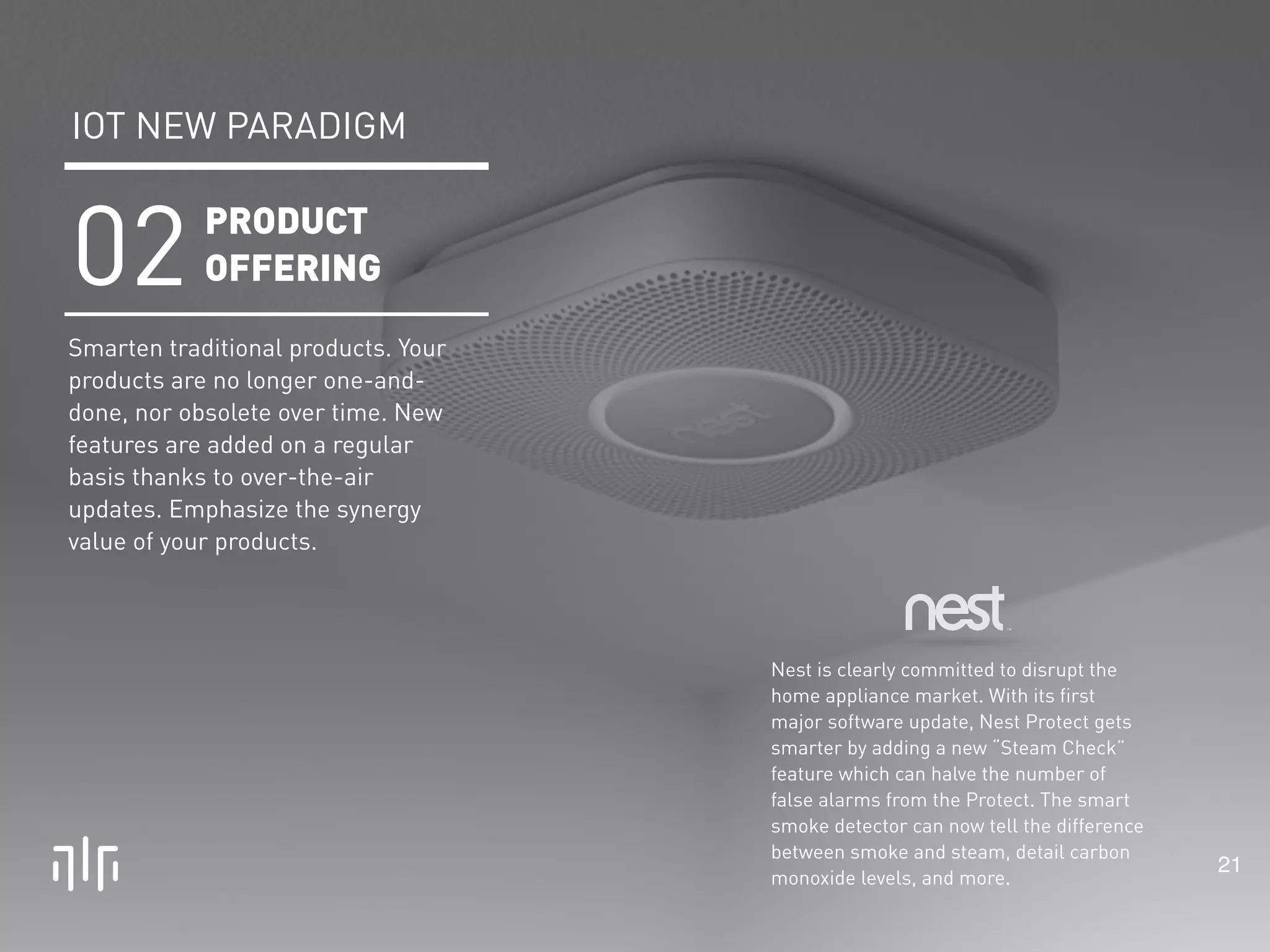 21 
Nest is clearly committed to disrupt the 
home appliance market. With its first 
major software update, Nest Protect gets 
smarter by adding a new “Steam Check” 
feature which can halve the number of 
false alarms from the Protect. The smart 
smoke detector can now tell the difference 
between smoke and steam, detail carbon 
monoxide levels, and more. 
IOT NEW PARADIGM 
PRODUCT 
OFFERING 02 
Smarten traditional products. Your 
products are no longer one-and-done, 
nor obsolete over time. New 
features are added on a regular 
basis thanks to over-the-air 
updates. Emphasize the synergy 
value of your products. 
 