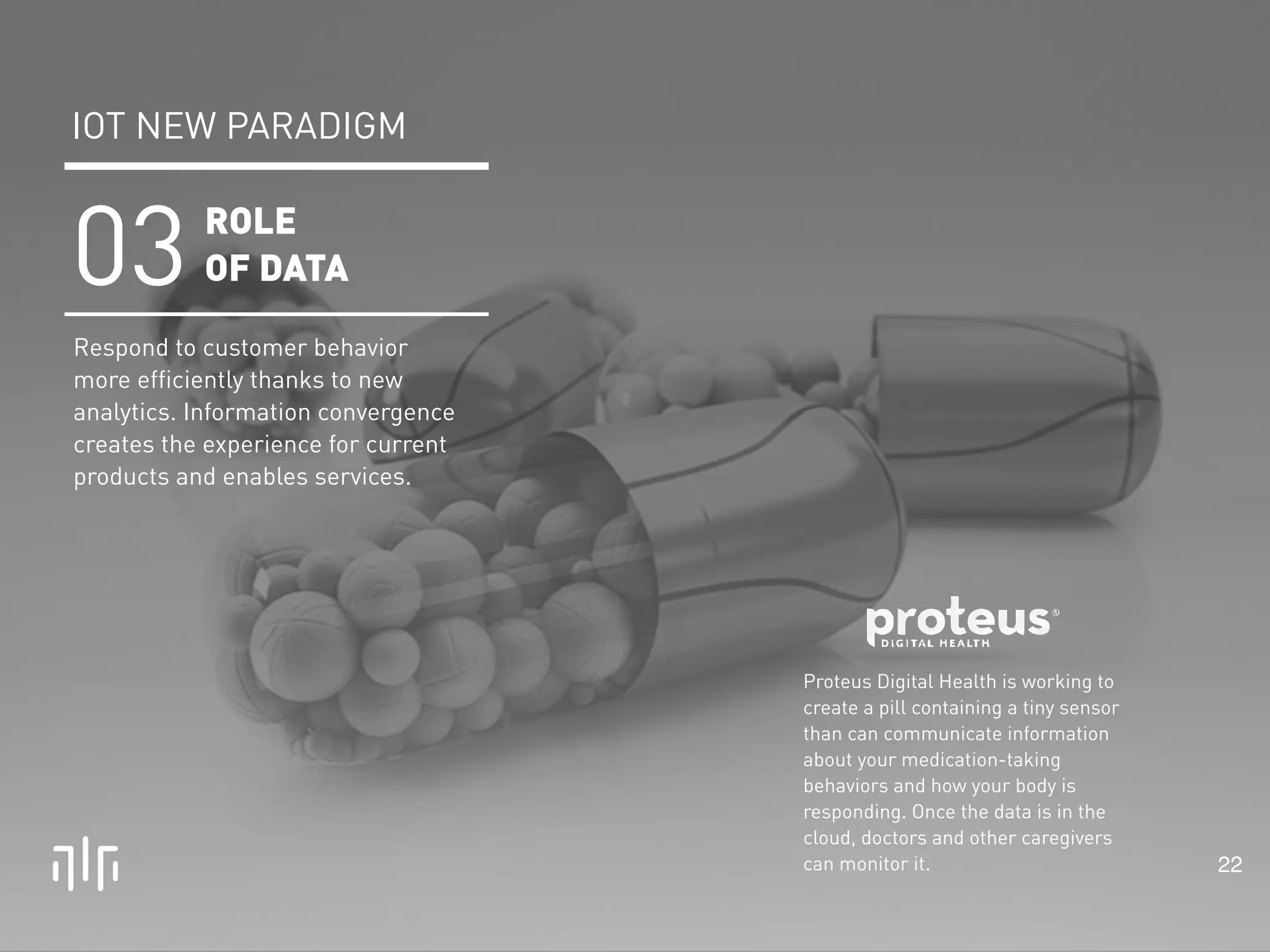 22 
Proteus Digital Health is working to 
create a pill containing a tiny sensor 
than can communicate information 
about your medication-taking 
behaviors and how your body is 
responding. Once the data is in the 
cloud, doctors and other caregivers 
can monitor it. 
IOT NEW PARADIGM 
ROLE 
OF DATA 03 
Respond to customer behavior 
more efficiently thanks to new 
analytics. Information convergence 
creates the experience for current 
products and enables services. 
 