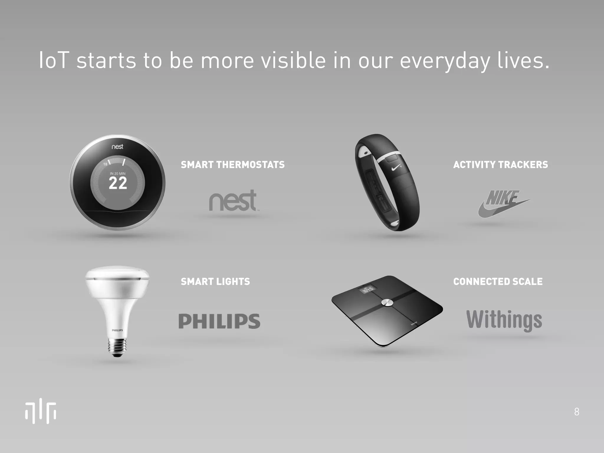 8 
IoT starts to be more visible in our everyday lives. 
SMART THERMOSTATS ACTIVITY TRACKERS 
SMART LIGHTS CONNECTED SCALE 
 