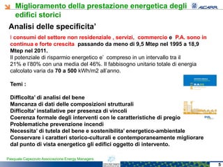 Miglioramento della prestazione energetica degli
edifici storici
Pasquale Capezzuto Associazione Energy Managers
Analisi delle specificita’
5
I consumi del settore non residenziale , servizi, commercio e P.A. sono in
continua e forte crescita passando da meno di 9,5 Mtep nel 1995 a 18,9
Mtep nel 2011.
Il potenziale di risparmio energetico e’ compreso in un intervallo tra il
21% e l’80% con una media del 46%. Il fabbisogno unitario totale di energia
calcolato varia da 70 a 500 kWh/m2 all’anno.
Temi :
Difficolta’ di analisi del bene
Mancanza di dati delle composizioni strutturali
Difficolta’ installative per presenza di vincoli
Coerenza formale degli interventi con le caratteristiche di pregio
Problematiche prevenzione incendi
Necessita’ di tutela del bene e sostenibilita’ energetico-ambientale
Conservare i caratteri storico-culturali e contemporaneamente migliorare
dal punto di vista energetico gli edifici oggetto di intervento.
 