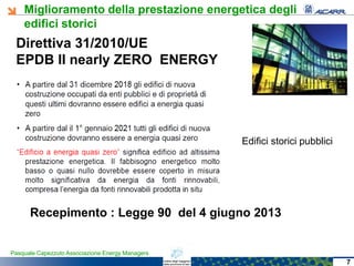 Miglioramento della prestazione energetica degli
edifici storici
Pasquale Capezzuto Associazione Energy Managers
Direttiva 31/2010/UE
EPDB II nearly ZERO ENERGY
Recepimento : Legge 90 del 4 giugno 2013
Edifici storici pubblici
7
 