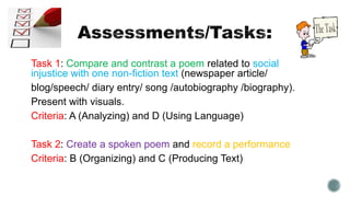 Task 1: Compare and contrast a poem related to social
injustice with one non-fiction text (newspaper article/
blog/speech/ diary entry/ song /autobiography /biography).
Present with visuals.
Criteria: A (Analyzing) and D (Using Language)
Task 2: Create a spoken poem and record a performance
Criteria: B (Organizing) and C (Producing Text)
 