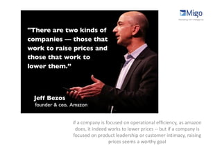if a company is focused on operational efficiency, as amazon
  does, it indeed works to lower prices -- but if a company is
focused on product leadership or customer intimacy, raising
                  prices seems a worthy goal
 
