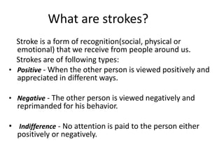 What are strokes? 
Stroke is a form of recognition(social, physical or 
emotional) that we receive from people around us. 
Strokes are of following types: 
• Positive - When the other person is viewed positively and 
appreciated in different ways. 
• Negative - The other person is viewed negatively and 
reprimanded for his behavior. 
• Indifference - No attention is paid to the person either 
positively or negatively. 
 