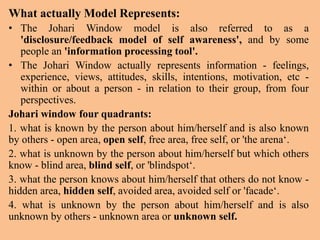 What actually Model Represents: 
• The Johari Window model is also referred to as a 
'disclosure/feedback model of self awareness', and by some 
people an 'information processing tool'. 
• The Johari Window actually represents information - feelings, 
experience, views, attitudes, skills, intentions, motivation, etc - 
within or about a person - in relation to their group, from four 
perspectives. 
Johari window four quadrants: 
1. what is known by the person about him/herself and is also known 
by others - open area, open self, free area, free self, or 'the arena‘. 
2. what is unknown by the person about him/herself but which others 
know - blind area, blind self, or 'blindspot‘. 
3. what the person knows about him/herself that others do not know - 
hidden area, hidden self, avoided area, avoided self or 'facade‘. 
4. what is unknown by the person about him/herself and is also 
unknown by others - unknown area or unknown self. 
 