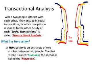 Transactional Analysis 
When two people interact with 
each other, they engage in social 
transactions, in which one person 
responds to the other. Study of 
such ”Social Transactions” is 
called ’Transactional Analysis’. 
What is a Transaction? 
A Transaction is an exchange of two 
strokes between two people. The first 
stroke is called ’Stimulus’, the second is 
called the ’Response’. 
 