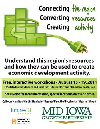 Connecting the region
                                 Converting resources
                                   Creating activity



 Understand this region's resources
 and how they can be used to create
  economic development activity.
Free, interactive workshops - August 15 - 19, 2011
 Facilitated by David Beurle and Juliet Fox, Future iQ Partners / Innovative Leadership

 See reverse for more information, specific locations, dates and times.
Calhoun*Hamilton*Hardin*Humboldt*Kossuth*Palo Alto*Pocahontas*Webster*Wright
 